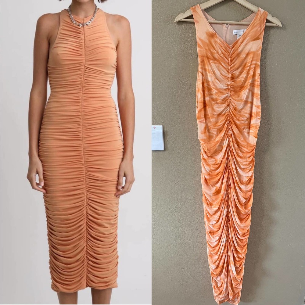 House of Harlow 1960 Orange Ruched Midi Dress